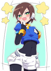 Rule 34 | 1girl, absurdres, aile (mega man zx), black bodysuit, blue jacket, blush, bodysuit, brown hair, buzzlyears, cropped jacket, fang, green eyes, highres, jacket, looking at viewer, mega man (series), mega man zx, navel, open mouth, robot ears, short hair, shorts, simple background, smug, solo, white shorts