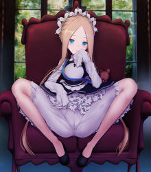 Rule 34 | 1girl, abigail williams (fate), abigail williams (festival outfit) (fate), ass, black footwear, black skirt, blonde hair, bloomers, blue eyes, blush, braid, breasts, chair, closed mouth, crotch, dress, fate/grand order, fate (series), french braid, heroic spirit festival outfit, highres, leaning back, long hair, long sleeves, looking at viewer, maid headdress, official alternate costume, parted bangs, rihyaruto bafuman, sash, sidelocks, sitting, skirt, small breasts, smile, solo, spread legs, stuffed animal, stuffed toy, teddy bear, underwear, very long hair, white bloomers, white dress, window