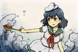 Rule 34 | 1girl, aqua eyes, black hair, commentary request, cowboy shot, green sailor collar, hat, holding, looking to the side, murasa minamitsu, neckerchief, one-hour drawing challenge, outstretched arm, red neckerchief, sailor collar, sailor hat, short hair, short sleeves, shorts, solo, standing, tkmr koubou, touhou, twitter username, water, watermark, waves, white hat, white shorts