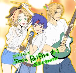 Rule 34 | 1girl, 2boys, 8686yeti, belt, blonde hair, blue hair, cecilia lynne adelhyde, dated, denim, denim shorts, fingerless gloves, gloves, green eyes, guitar, hairband, hat, headband, instrument, jack van burace, looking at viewer, microphone, multiple boys, navel, open mouth, red hairband, rody roughnight, short hair, shorts, smile, sweat, wild arms, wild arms 1