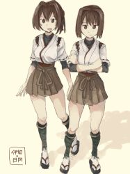 Rule 34 | 2girls, arms at sides, blush, breasts, brown hair, brown skirt, closed mouth, commentary request, crossed arms, flat chest, full body, hair between eyes, highres, hyuuga (kancolle), ise (kancolle), jura cambri, kantai collection, looking at viewer, medium breasts, multiple girls, no pupils, parted lips, platform footwear, pleated skirt, sandals, short hair, side-by-side, simple background, skirt, smile, socks, standing, translation request