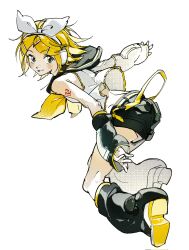 Rule 34 | 1girl, ah 211, aqua eyes, back, bare shoulders, black leg warmers, black sailor collar, black shorts, black sleeves, blonde hair, bow, breasts, detached sleeves, dynamic pose, grey eyes, hair bow, hair ornament, hairclip, hatching (texture), headphones, headset, highres, kagamine rin, leg warmers, light blush, looking at viewer, looking back, midriff peek, narrow waist, neckerchief, number tattoo, outstretched arms, sailor collar, shirt, shoes, short hair, shorts, shoulder tattoo, sideways glance, sketch, sleeveless, sleeveless shirt, small breasts, smile, sneakers, solo, tattoo, turning head, vocaloid, white bow, white footwear, yellow neckerchief