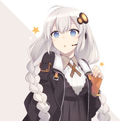 Rule 34 | 1girl, :o, ahoge, arm warmers, bad id, bad pixiv id, black dress, black jacket, blue eyes, bolo tie, bracelet, braid, breasts, collared shirt, cross tie, dress, fur collar, grey hair, hair ornament, headset, hisaki1118, jacket, jewelry, kizuna akari, long hair, long sleeves, looking at viewer, medium breasts, open clothes, open jacket, open mouth, pocket, shirt, solo, star (symbol), striped clothes, striped shirt, twin braids, two-tone background, upper body, vertical-striped clothes, vertical-striped shirt, very long hair, virtual youtuber, vocaloid, voiceroid, white shirt, wing collar