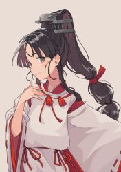 Rule 34 | 1girl, black hair, blush, brown eyes, closed mouth, commentary request, grey background, head tilt, headgear, high ponytail, highres, ichiroku (sakumogu-029), japanese clothes, kantai collection, kariginu, long hair, long sleeves, looking at viewer, nisshin (kancolle), parted bangs, red ribbon, ribbon, ribbon-trimmed sleeves, ribbon trim, simple background, smile, solo, tassel, upper body, wide sleeves