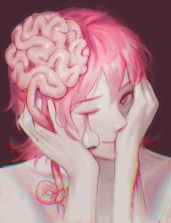 Rule 34 | 1girl, artist name, brown background, chainsaw man, chromatic aberration, collarbone, cosmo (chainsaw man), dangling eye, exposed brain, guro, hair ribbon, hands on own face, heart, heart-shaped pupils, highres, looking at viewer, mikavvvi, one eye closed, pink eyes, pink hair, ribbon, short twintails, simple background, smile, solo, symbol-shaped pupils, twintails