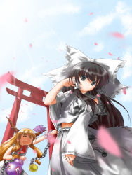 Rule 34 | 2girls, arm up, black eyes, black hair, bow, brown hair, chain, ckxdcp, concealed the conclusion, detached sleeves, closed eyes, female focus, gourd, hair bow, hakurei reimu, ibuki suika, japanese clothes, long hair, looking at viewer, miko, multiple girls, sleeveless, torii, touhou, wind