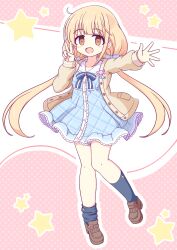 Rule 34 | 1girl, :d, ankle boots, asymmetrical legwear, blonde hair, blue bow, blue dress, blue ribbon, blush, boots, bow, brown eyes, brown footwear, buttons, candy, cardigan, center frills, commentary request, dress, frilled dress, frills, full body, futaba anzu, grey socks, hair bow, hand up, highres, idolmaster, idolmaster cinderella girls, kashimu, kneehighs, long hair, long sleeves, looking at viewer, neck ribbon, open cardigan, open clothes, open mouth, outline, outstretched arm, pink background, plaid, plaid dress, polka dot, polka dot background, ribbon, short dress, smile, socks, solo, split mouth, star (symbol), twintails, unbuttoned, uneven legwear, v, white background, white outline, wrapped candy, yellow cardigan