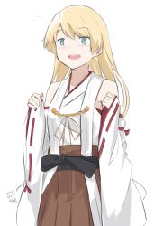 Rule 34 | 1girl, blonde hair, blue eyes, brown skirt, cosplay, detached sleeves, hikashima (shiofune), japanese clothes, jervis (kancolle), kantai collection, kongou (kancolle), kongou (kancolle) (cosplay), long hair, pleated skirt, ribbon-trimmed sleeves, ribbon trim, simple background, skirt, solo, touyama nao, voice actor connection, white background