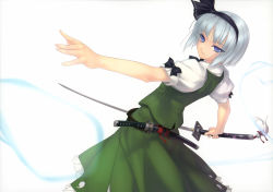 Rule 34 | 1girl, absurdres, arched back, blue eyes, bob cut, bow, bowtie, female focus, foreshortening, hairband, highres, katana, konpaku youmu, konpaku youmu (ghost), outstretched arm, outstretched hand, rokuwata tomoe, scan, sheath, sheathed, silver hair, solo, sword, touhou, weapon, white background