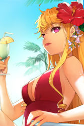 Rule 34 | 1girl, :p, ahoge, bikini, blonde hair, breasts, cinia pacifica, cocktail, day, flower, hair flower, hair ornament, hibiscus, large breasts, lowres, luthica, outdoors, purple eyes, solo, swimsuit, sword girls, tongue, tongue out