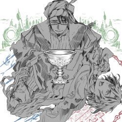 Rule 34 | 3boys, army, cannon, chain, circle formation, cloak, closed mouth, constantine xi (fate), earrings, facial hair, fate/grand order, fate (series), flag, fur-trimmed jacket, fur trim, furrowed brow, glasses, goatee, greyscale, greyscale with colored background, hair between eyes, hat feather, heki0529, holy grail (fate), impaled, jacket, jewelry, long hair, looking ahead, looking at viewer, male focus, mature male, mehmed ii (fate), monochrome, multiple boys, open mouth, parted bangs, serious, shirt, short hair, smile, stake, stubble, sweater, swept bangs, tassel, turban, turtleneck, turtleneck sweater, upper body, upside-down, vlad iii (fate/apocrypha), wall, wavy hair, white background