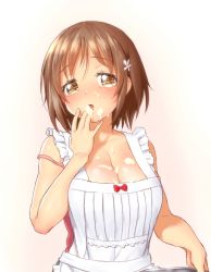 Rule 34 | 1girl, apron, blush, breasts, brown eyes, brown hair, cleavage, licking finger, hair ornament, holding, idolmaster, idolmaster cinderella girls, large breasts, licking, looking at viewer, maid apron, mimura kanako, onsoku inu, parted lips, pink background, short hair, solo, upper body, white apron