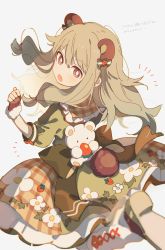 Rule 34 | 1girl, 4 (nakajima4423), :o, animal bag, animal ears, bear bag, bear ears, blurry, blurry foreground, bow, brown bow, brown gloves, brown hair, commentary request, dress, fingerless gloves, floral print, food print, foreshortening, fur-trimmed gloves, fur trim, gloves, green dress, hair bow, highres, kusanagi nene, leg up, long hair, looking back, open mouth, plaid, plaid skirt, project sekai, red eyes, sidelocks, simple background, skirt, solo, strawberry print, surprised, translation request, white background