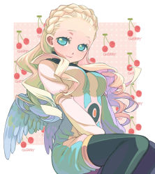 Rule 34 | 1girl, angel, blonde hair, blue eyes, blush, breasts, cherry, english text, food, fruit, guel, inazuma eleven, inazuma eleven (series), lizzydom, long hair, medium breasts, pantyhose, smile, wings