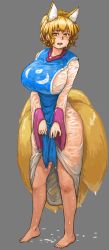 Rule 34 | 1girl, animal ears, bad id, bad tumblr id, barefoot, blonde hair, breasts, chanta (ayatakaoisii), clothes lift, covered erect nipples, dress, extra ears, fox ears, fox tail, full body, grey background, highres, huge breasts, long sleeves, looking at viewer, multiple tails, no headwear, open mouth, see-through, simple background, solo, standing, tail, tassel, touhou, wet, wet clothes, wet hair, white dress, wide sleeves, yakumo ran, yellow eyes