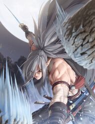 Rule 34 | 1boy, absurdres, black gloves, black pants, closed mouth, epic seven, eyes visible through hair, fighting stance, forehead, full moon, gloves, grey hair, highres, holding, holding sword, holding weapon, ice, katana, light particles, long hair, long pointy ears, looking at viewer, manda (luts7602), moon, multiple weapons, muscular, muscular male, night, night sky, outdoors, outstretched arms, pants, pointy ears, ran (epic seven), scar, scar on arm, serious, sky, slicing, solo, spread legs, standing, sword, topless male, v-shaped eyebrows, weapon