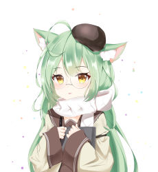 Rule 34 | 1girl, absurdres, ahoge, akashi (azur lane), akashi (welcome to azurcon!) (azur lane), animal ears, azur lane, casual, cat ears, commentary, glasses, green hair, hair between eyes, hat, highres, long hair, long sleeves, looking at viewer, mole, mole under eye, official alternate costume, parted lips, qing wu, scarf, sidelocks, simple background, solo, white background, white scarf, yellow eyes