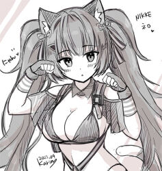 Rule 34 | 1girl, animal ears, bare shoulders, bikini, blush, breasts, cat ears, cat girl, cat tail, character name, dated, fingerless gloves, gloves, goddess of victory: nikke, greyscale, hair ribbon, heart, large breasts, long hair, looking at viewer, monochrome, nero (nikke), paw pose, ribbon, signature, sketch, solo, swimsuit, tail, tougo, triangle mouth, twintails