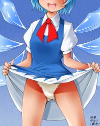 Rule 34 | 1girl, :d, blue hair, cirno, clothes lift, dr rex, dress, dress lift, head out of frame, open mouth, panties, skirt, skirt lift, smile, solo, touhou, underwear, white panties, wings