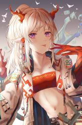 Rule 34 | 1girl, arknights, bad id, bad pixiv id, bandeau, braid, breasts, coat, dragon horns, earrings, eyeshadow, hand up, highres, horns, jewelry, long hair, long sleeves, looking at viewer, makeup, midriff, multicolored hair, navel, nian (arknights), open clothes, open coat, panipo, pointy ears, ponytail, purple eyes, saliva, saliva trail, sidelocks, small breasts, solo, stomach, streaked hair, tongue, tongue out, upper body, white coat, white hair