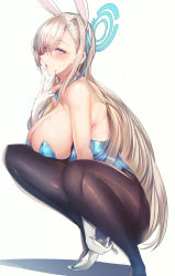 Rule 34 | 1girl, absurdres, animal ears, asuna (blue archive), asuna (bunny) (blue archive), bare shoulders, blonde hair, blue archive, blue eyes, blue leotard, blue ribbon, breast press, breasts, brown pantyhose, commentary request, detached collar, fake animal ears, full body, gloves, gradient background, grey background, hair ribbon, halo, heart, heart-shaped pupils, highres, large breasts, legs, leotard, long hair, looking at viewer, mole, mole on breast, pantyhose, playboy bunny, pointy breasts, rabbit ears, resolution mismatch, ribbon, shadow, shoes, silly (marinkomoe), solo, source smaller, squatting, symbol-shaped pupils, thighs, white background, white footwear, white gloves