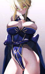 Rule 34 | 1girl, artoria pendragon (fate), artoria pendragon (lancer) (fate), blonde hair, blue gloves, blue leotard, braid, braided bun, breasts, bright pupils, bursting breasts, cleavage, cleavage cutout, clothes lift, clothing cutout, covered navel, cowboy shot, crown, fate/grand order, fate (series), french braid, gloves, gluteal fold, green eyes, hair between eyes, hair bun, heattech leotard, highleg, highleg leotard, highres, large breasts, leotard, lifted by self, sanazura hiroyuki, sidelocks, skirt, skirt lift, sleeveless, sleeveless turtleneck, sleeveless turtleneck leotard, solo, swept bangs, turtleneck