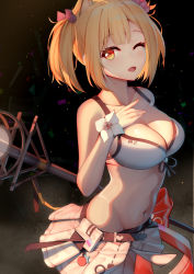 Rule 34 | 1girl, absurdres, animal ears, arknights, bad id, bad pixiv id, bare arms, bare shoulders, bikini, bikini skirt, blonde hair, breasts, cleavage, commentary, groin, highres, jean.organ, looking at viewer, medium breasts, navel, official alternate costume, one eye closed, open mouth, short hair, skirt, solo, sora (arknights), sora (summer flowers) (arknights), stomach, swimsuit, twintails, white bikini, white skirt, wolf ears, yellow eyes