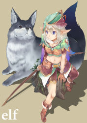 Rule 34 | 1girl, animal ears, asymmetrical clothes, belt, blonde hair, blue eyes, boots, bow, bow (weapon), elf, gloves, hat, highres, holding, midriff, navel, original, pointy ears, sitting, solo, sts, tree stump, weapon