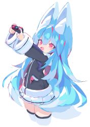 Rule 34 | 1girl, absurdres, animal ears, black jacket, blue hair, blush stickers, controller, cowboy shot, fang, fox ears, fox girl, fox tail, game controller, hair between eyes, highres, holding, jacket, long hair, looking at viewer, mamuru, open mouth, original, outstretched arms, pleated skirt, red eyes, simple background, skin fang, skirt, solo, tail, thighhighs, very long hair, white background, white skirt, white thighhighs