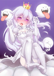 Rule 34 | 1girl, black eyes, blush, boo (mario), breasts, cameltoe, choker, claw pose, closed mouth, collarbone, covering own eyes, crown, dress, elbow gloves, fangs, feet, female focus, floating, full body, garter straps, ghost, gloves, hands up, heart, heart in eye, highres, kaede haya (lo0831lo), knees up, long hair, looking at viewer, luigi&#039;s mansion, mario (series), medium breasts, new super mario bros. u deluxe, nintendo, no shoes, nose blush, open mouth, panties, pigeon-toed, pink eyes, princess king boo, purple background, sharp teeth, shiny skin, shy, simple background, sitting, smile, solo focus, super crown, symbol in eye, teeth, thighhighs, tongue, tongue out, underwear, wavy mouth, white choker, white dress, white gloves, white hair, white panties, white thighhighs