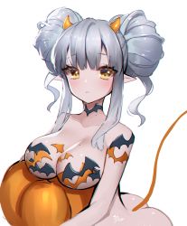Rule 34 | 1girl, ankkoyom, ass, blush, breasts, butt crack, choker, demon horns, demon tail, double bun, eyelashes, grey hair, hair bun, halloween, highres, horns, large breasts, looking at viewer, mole, mole on breast, mole on neck, hugging object, original, pointy ears, pumpkin, signature, solo, tail, white background