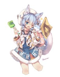 Rule 34 | 1girl, :d, animal ears, aqua eyes, blue dress, blue hair, blush, bow, braid, dress, flag, hair bow, hat, koyomi (shironeko project), light blue hair, one eye closed, open mouth, pink scarf, rento (rukeai), scarf, shironeko project, simple background, smile, solo, tail, tarou (shironeko project), twin braids, twitter username, white background, wolf ears, wolf girl, wolf tail