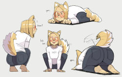 Rule 34 | 1girl, :3, all fours, animal ears, ass, barefoot, blonde hair, blush, breasts, denim, dog (ohasi), dog ears, dog girl, dog tail, dogeza, english text, forehead, from behind, full body, furry, furry female, glasses, grey background, jeans, long sleeves, medium breasts, medium hair, multiple views, ohasi, original, pants, round eyewear, simple background, squatting, sweater, tail, tail wagging, tongue, tongue out, white sweater