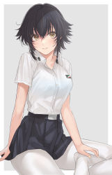 Rule 34 | 1girl, absurdres, anzio school uniform, belt, black hair, bra visible through clothes, brown eyes, girls und panzer, highres, mexif, no shoes, pantyhose, pepperoni (girls und panzer), pleated skirt, school uniform, see-through, short hair, short sleeves, simple background, sitting, skirt, solo, white pantyhose