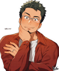 Rule 34 | 1boy, bad id, bad twitter id, bespectacled, brown eyes, closed mouth, collared shirt, facial hair, glasses, goatee, green hair, hand on own chin, jewelry, kiri futoshi, looking at viewer, male focus, open clothes, open shirt, orange shirt, original, ring, shirt, short hair, smile, solo, white shirt