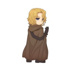 Rule 34 | 1boy, black footwear, black gloves, blonde hair, brown cloak, chibi, chibi only, cloak, closed mouth, expressionless, from behind, full body, gloves, grey eyes, hair between eyes, hood, hood down, hooded cloak, long bangs, looking at viewer, looking back, male focus, official art, parted bangs, ragnarok online, shoes, short hair, simple background, solo, transparent background, varmunt, wavy hair, yuichirou