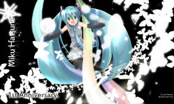Rule 34 | aqua hair, bad id, bad pixiv id, blush, bug, butterfly, detached sleeves, fang, green eyes, hatsune miku, headset, insect, long hair, massala, necktie, skirt, solo, thighhighs, twintails, very long hair, vocaloid