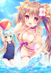 Rule 34 | 2girls, ahoge, animal ears, ball, bikini, blue eyes, blue hair, blue one-piece swimsuit, blush, bow, bracelet, breasts, cat ears, cleavage, collarbone, day, flower, frilled bikini, frills, front-tie top, green eyes, hair ornament, hairclip, heterochromia, highres, jacket, jewelry, large breasts, light brown hair, light particles, long hair, looking at viewer, multiple girls, natsuki marina, one-piece swimsuit, open clothes, open jacket, open mouth, orange bow, orange eyes, original, pink bow, pink eyes, pink flower, pink ribbon, ribbon, shiny skin, side-tie bikini bottom, small breasts, swimsuit, white bow