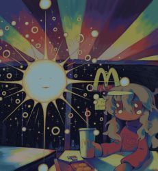 Rule 34 | 1girl, absurdres, chicken nuggets, cup, drinking straw, grey hair, hado fun, hair between eyes, highres, holding, holding cup, long hair, long sleeves, mcdonald&#039;s, no nose, original, red shirt, shirt, solo, sun, surreal, upper body