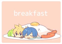 Rule 34 | 2boys, = =, bacon, black sleeves, blonde hair, blue hair, blue scarf, border, chibi, commentary, egg (food), english text, food, fried egg, green eyes, in food, kagamine len, kaito (vocaloid), lettuce, male focus, multiple boys, open mouth, pink background, plate, sausage, scarf, short hair, simple background, sinaooo, single tear, spiked hair, symbol-only commentary, unamused, upper body, vocaloid, yawning