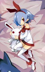 Rule 34 | 1girl, bed sheet, blue hair, bow, crestquest, detached collar, detached sleeves, disgaea, dress, from above, hair bow, hair over one eye, hairband, looking at viewer, lying, miniskirt, necktie, on side, pleinair, pointy ears, red bow, red eyes, red hairband, red necktie, same-san, shoes, short hair, skirt, stuffed animal, stuffed rabbit, stuffed toy, thighhighs, usagi-san, white dress, white footwear, white thighhighs