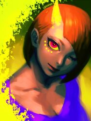 Rule 34 | 1girl, artist name, bellhenge, blunt bangs, bob cut, breasts, cleavage, closed mouth, collarbone, commentary, demon girl, english commentary, eyelashes, facial mark, head tilt, horns, large breasts, lipstick, looking at viewer, makeup, mascara, orange hair, original, pink eyes, purple shirt, red lips, shirt, short hair, single horn, smile, upper body, yellow background, yellow horns