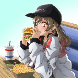 Rule 34 | 1girl, absurdres, artist name, brown hair, burger, collarbone, commentary, cup, d4dj, disposable cup, drinking straw, eating, english commentary, food, french fries, grey jacket, grey shirt, highres, holding, holding food, jacket, lettuce, looking to the side, onion, shirt, solo, tanny v, tomato, yamate kyouko