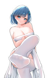 Rule 34 | 1girl, absurdres, azur lane, bare shoulders, blue eyes, blue hair, blush, breasts, catnnn, chapayev (azur lane), chapayev (melody of the white cavalier) (azur lane), cleavage, dorsiflexion, dress, feet, foot focus, foreshortening, hair ornament, highres, large breasts, legs, looking at viewer, presenting foot, short hair, sitting, smile, soles, solo, thighhighs, thighs, white background