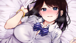 Rule 34 | 1girl, absurdres, bed, bed sheet, black hair, blue eyes, blush, bow, bowtie, bracelet, breasts, breath, buttons, embarrassed, female focus, from above, hands up, head tilt, highres, jewelry, large breasts, long hair, looking at viewer, lying, on bed, open mouth, original, rouka (akatyann), school uniform, sheet grab, shinde kataomoi no onnanoko no kareshi to irekawatte nakadashi tanetsuke shita hanashi, solo, striped, striped bow, sweatdrop, triangle (company), upper body