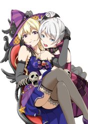 Rule 34 | 2girls, alternate hairstyle, bang dream!, black gloves, black legwear, blonde hair, blue dress, blue eyes, bow, bowtie, bracelet, brooch, commentary request, crescent, crescent earrings, crossed legs, detached collar, dress, earrings, elbow gloves, fangs, gloves, grin, halloween, hand on another&#039;s head, hat, highres, jack-o&#039;-lantern, jewelry, karatachi t, long hair, looking at viewer, multiple girls, open mouth, print headwear, purple dress, purple eyes, purple headwear, shirasagi chisato, side ponytail, simple background, single strap, sitting, skull, smile, star (symbol), star print, striped clothes, striped headwear, thighhighs, throne, v-shaped eyebrows, wakamiya eve, white background, white hair, wing hair ornament, witch hat