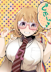 Rule 34 | 10s, 1girl, beamed quavers, breasts, brown eyes, brown hair, glasses, grin, heart, highres, ishima yuu, jewelry, large breasts, looking at viewer, matching hair/eyes, musical note, narusawa ryouka, necklace, necktie, occultic;nine, pink-framed eyewear, polka dot, polka dot background, school uniform, short hair, smile, solo, speech bubble, spoken heart, striped necktie, striped neckwear
