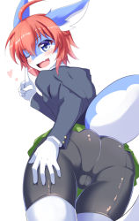 Rule 34 | 1boy, ahoge, animal ears, artist request, ass, bike shorts, blue eyes, blush, bulge, fang, from behind, huge ass, leaning, leaning forward, looking at viewer, looking back, open mouth, original, pantylines, red hair, school uniform, shiny clothes, short hair, skirt, smile, solo, tail, trap