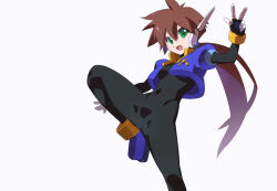 Rule 34 | 1girl, aile (mega man zx), black bodysuit, blue jacket, bodysuit, bodysuit under clothes, breasts, brown hair, cropped jacket, foot out of frame, jacket, kaidou zx, leg up, long hair, mega man (series), mega man zx, mega man zx advent, no pants, open clothes, open jacket, ponytail, robot ears, short sleeves, simple background, small breasts, solo, v, white background