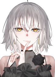 1girl ahoge bare_shoulders black_dress breasts dress earrings fate/grand_order fate_(series) flower grey_hair highres index_finger_raised jeanne_d&#039;arc_alter_(fate) jewelry large_breasts looking_at_viewer ri_o_ne_su ring short_hair solo yellow_eyes